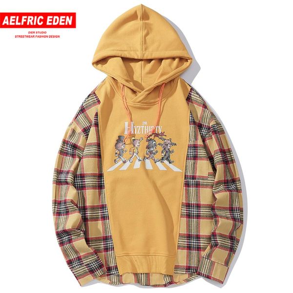 

aelfric eden hip hop patchwork plaid printed men hooded sweatshirts 2019 harajuku casual cotton male pullover streetwear hoodies, Black