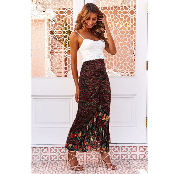 

summer european american c ladies skirt restore ancient ways printing small broken flower irregular ruffle lace women's skirt