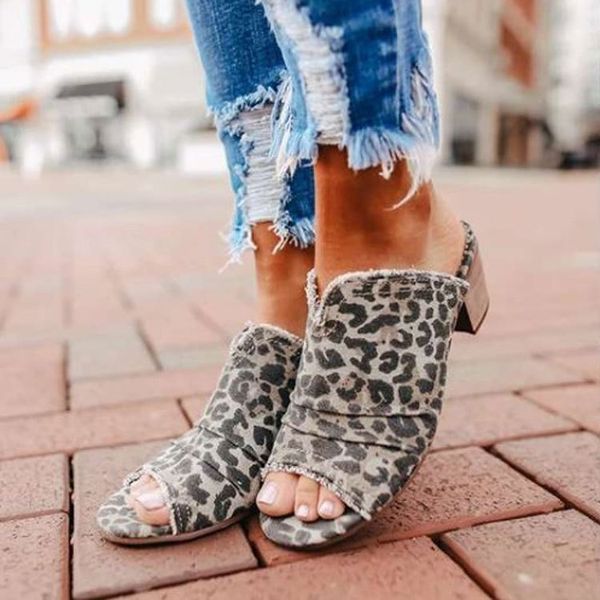 

leopard shoes big size peep toe slippers heels slipers women slides square heel high 2020 block totem fabric rubber pu scandals, Black