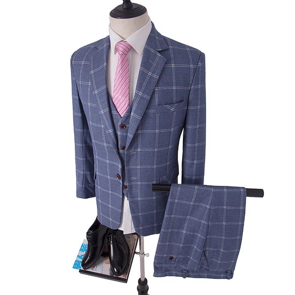 

pale blue windowpane check tweed three piece suit tailor made slim fit suits for men blazer(jacket+pants+vest, White;black