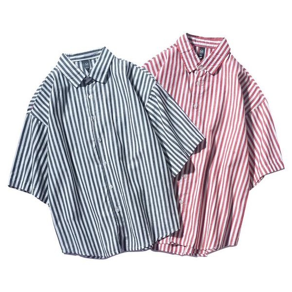 

лето 2019 новая рубашка в полоску мужская с коротким рукавом свободная мода повседневная рубашка, White;black