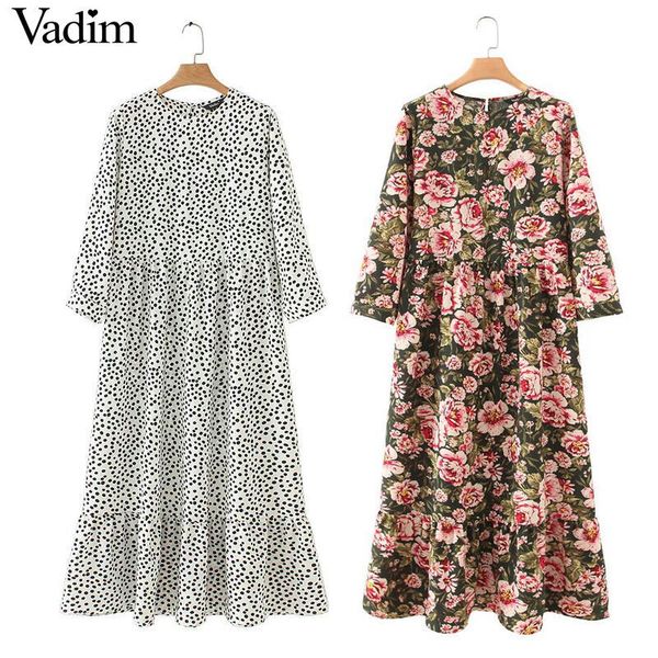 

vadim women dots print maxi dress pleated three quarter sleeve female casual straight dresses chic ankle length vestidos qb260, Black;gray