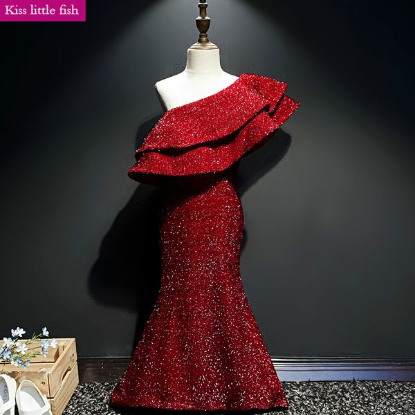 

new one shoulder girls pageant dresses dark red little girl girls dresses for party, Red;yellow