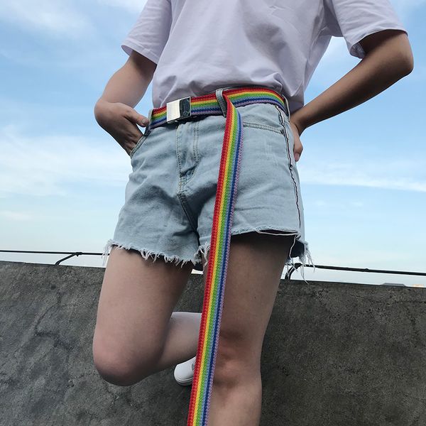 

rainbow lover belts web strap couple belt thin canvas men women waistband iron square automatic buckle mirror new fastion cinto, Black;brown