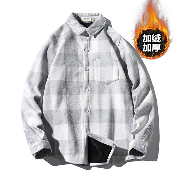 

5xl men shirt plaid business casual shirts man autumn winter thick warm fleece social long sleeve grid men's clothing t2050, White;black