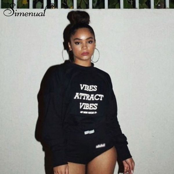 

simenual светоотражающие письмо печать повседневный толстовка с длинным рукавом 2019 осенняя мода толстовки основные женщины толстовки stree, Black