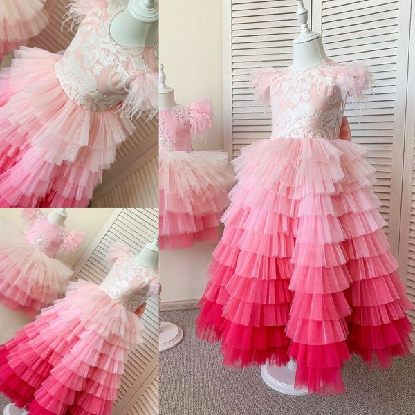 Ombre rosa lantejoulas Appliqued Vestidos Flower Girl para uma linha Tiered Wedding Pageant Vestidos Tulle Andar de comprimento Primeira Comunhão Vestido