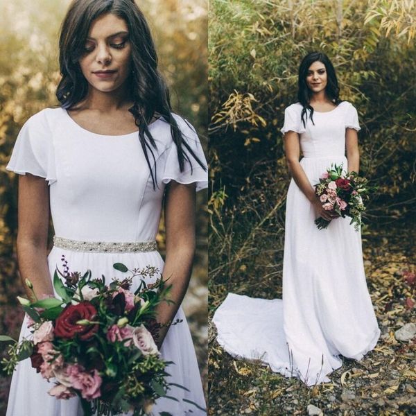 

2020 современные простые a-линии шифон свадебное платье с флаттер рукава scoop neck съемные кристаллы пояс boho страна свадебные платья, White