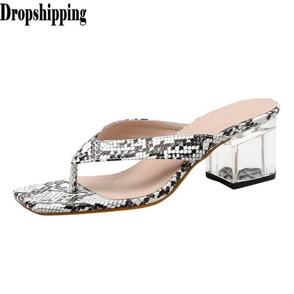 

snakeskin women's fashion slippers transparent flip-flop ladies open-toe square high-heeled shoe woman female beach slippers #zb, Black