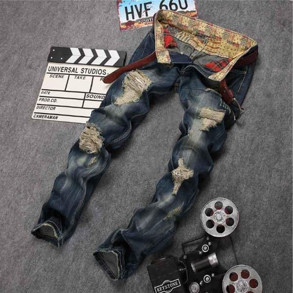 

men skinny vintage jeans slim denim causual knee hole hiphop pants washed ing, Blue
