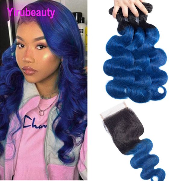 Cabelo virgem indiano 1B Azul Ombre Cabelo Humano Pacotes de Onda Corporal com Fechamento de Renda 4X4 Meio Três Extensões de Cabelo Parte Livre 10-28