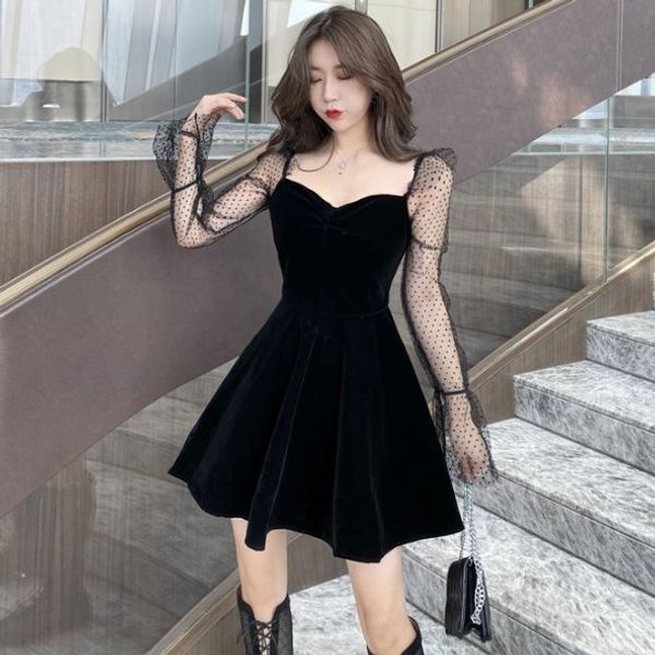 

2019 long sleeve short skirt skirt black lace velvet dress suit-dress, Black;gray