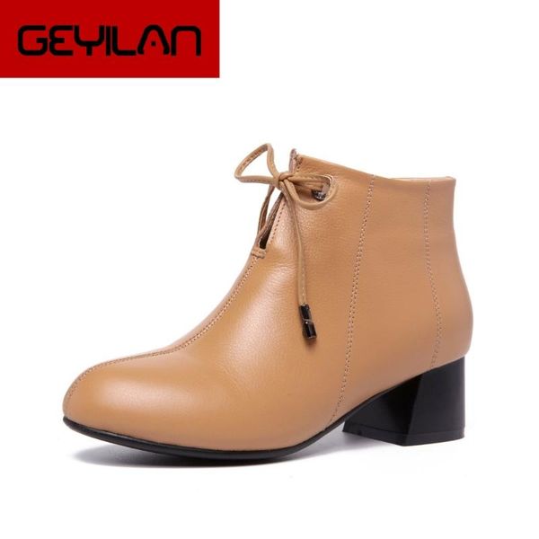 

ankle boots for women genuine leather casual shoes booties woman 2018 lace up plus size high heels boots ladies, Black