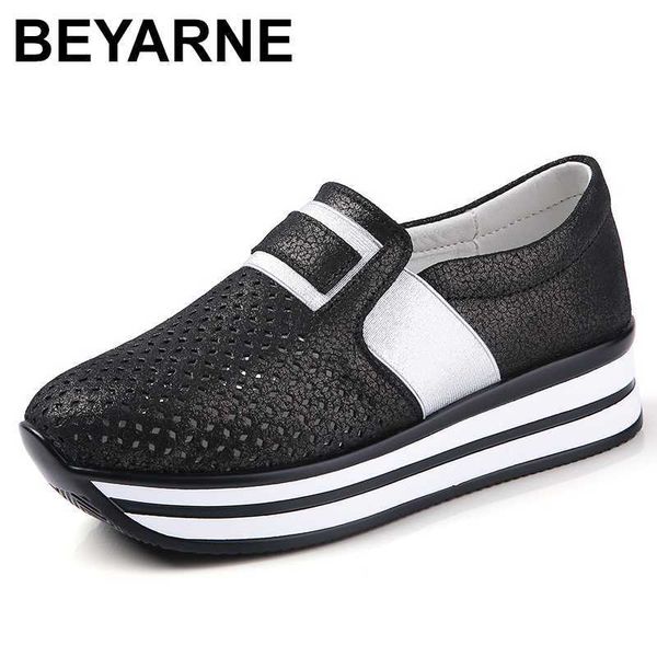 

beyarne 2020 summer shoes for women cutouts in genuine leather woman swing platform shoe woman sneakers without lace flat shoes, Black