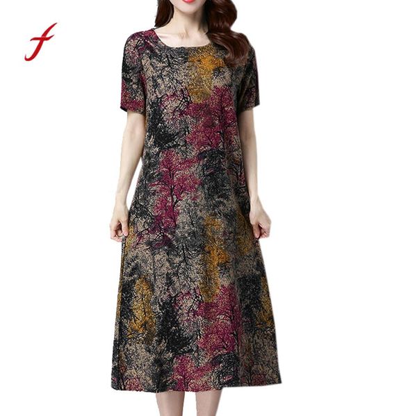 

Feitong Summer Women Dress Plus Size Fashion Women Short Sleeve Cotton Linen Dresses Printed Casual Mid-Calf Dresses /PY