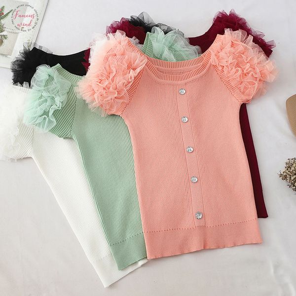 

женщины моды вязание сладких футболки топов lady рукава лоскутные оборки сетка tshirt пуловеры топы для девочек, White