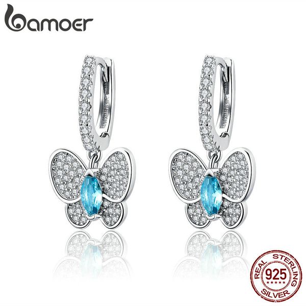 

bamoer genuine 925 sterling silver luminous clear cz butterfly crystal drop earrings for women wedding engagement jewelry sce513