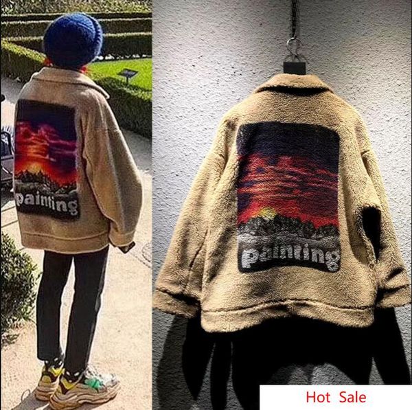 

japan fashion brand doublet mens womens designer coats man sunset painting print lamb fur coats gd hip hop streetwear coats mens, Black