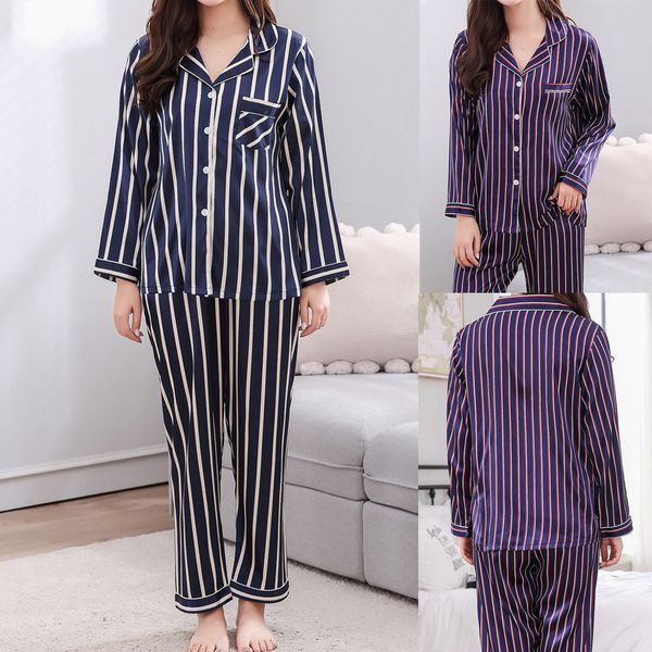 

klv 2019 women casual spring stripe printing long-sleeved comfortable home pyjamas set 1.25, Blue;gray