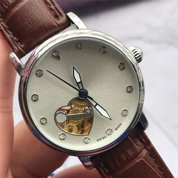

new automatic diamond watch women fashion mechanical watches leather business ladies watch waterproof montres pour femmes, Slivery;brown