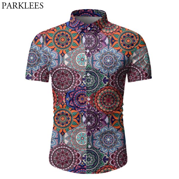 

mandala floral print hawaiian shirt men summer short sleeve casual button down shirts mens party holiday beach shirt, White;black