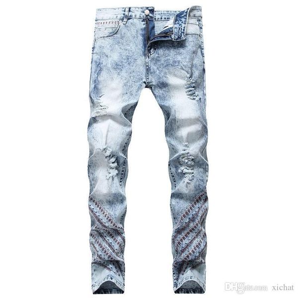 

уникальные мужские ретро рваные джинсы тощий модельер vintage straight leg slim fit motocycle scratched байкер джинсовые брюки jb535, Blue
