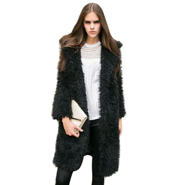 

winter women faux fur lambswool jacket female turn-down collar long sleeve pink fur jacket overcoat ladies cardigan casaco, Black