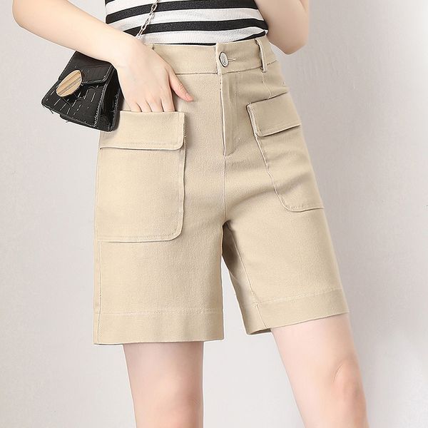

women's shorts casual 2021 summer women high waist korean loose fit cargo short pants solid color plus size straight half trousers, White;black