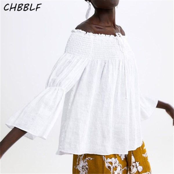 

chbblf women sweet slash neck blouse flare sleeve white shirt female casual pleated blusas mujer qsj8058
