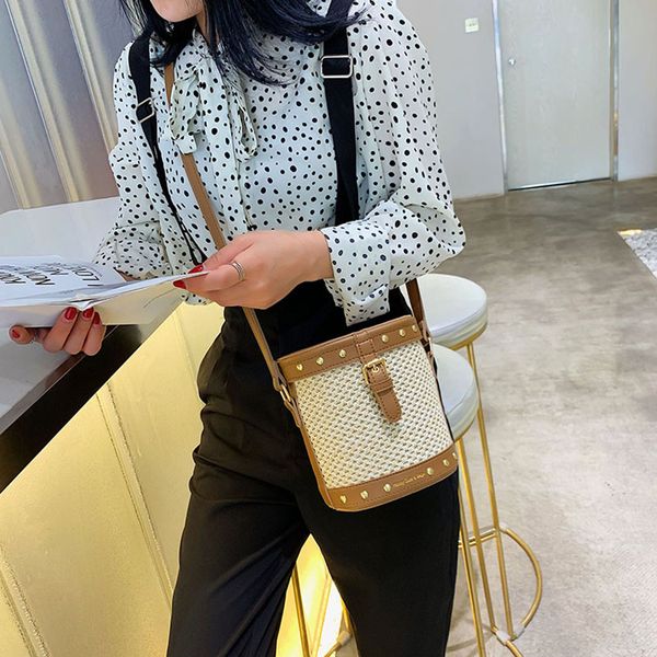 

ocardian handbag women beach rivet decorative straw bucket bag burlap square bag summer rattan messenger dropship may7