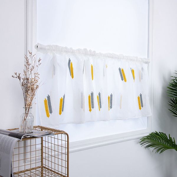 

embroidered wheat spike semi tier curtainrod pocket home decor, short curtain for kitchen bathroom living room n
