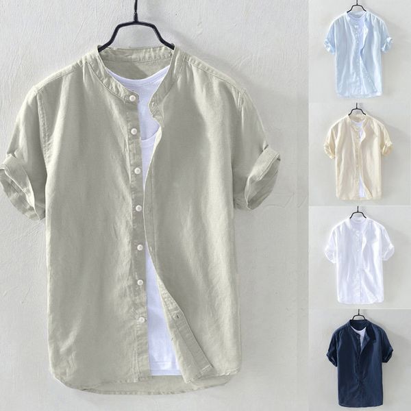

men's baggy cotton linen solid short sleeve button retro shirts, White;black
