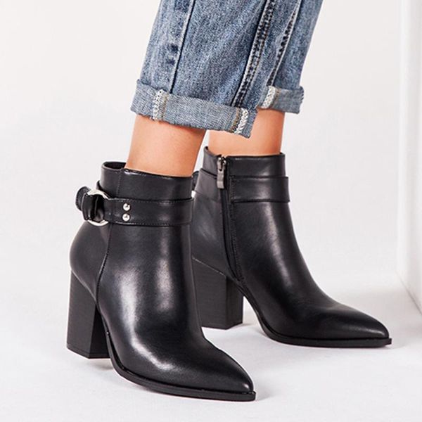 

2019 woman ankle boots women's fashion casual versatile boot autumn winter square heel leather shoes side zipper boots, Black