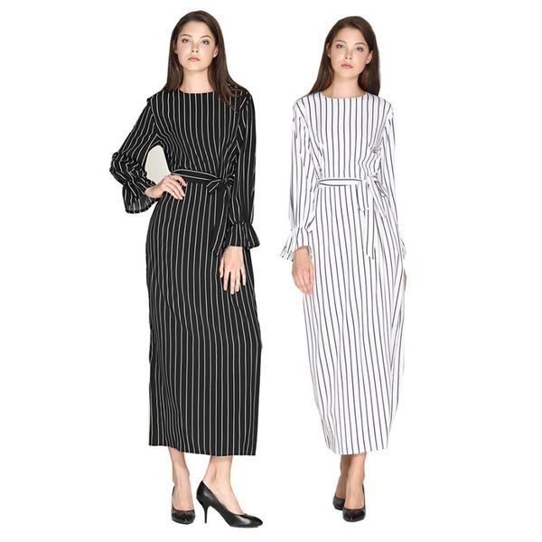 

elegant striped full dress flare sleeve abaya vestidos long robes tunic muslim kimono middle east ramadan arab islamic clothing, Black;gray