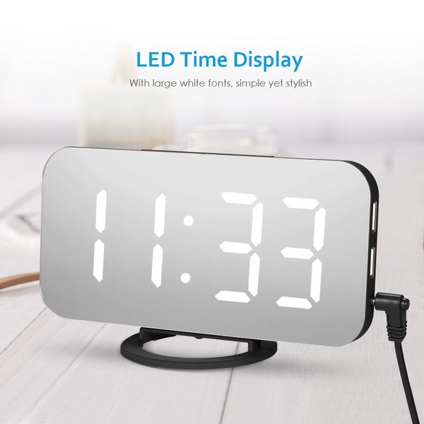 

led mirror alarm clock digital snooze display time nigh table clock deskalarm with 2 usb charger ports home decor