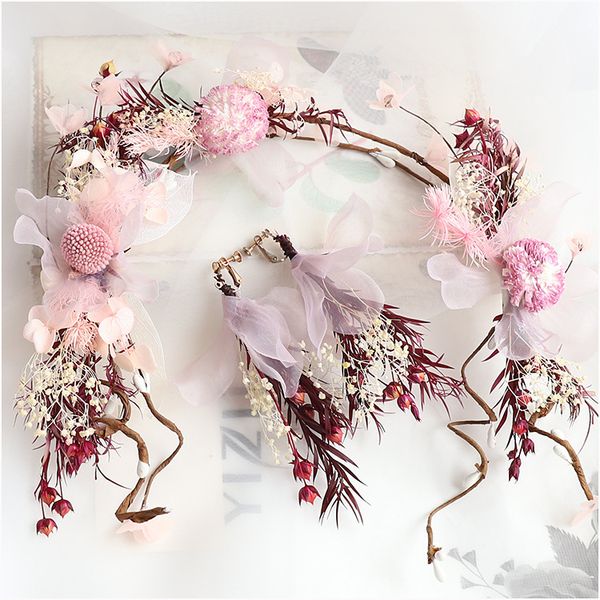

handmade dry flower hairband headdress bride headbands wedding hair accessories women hair decoration, Golden;white