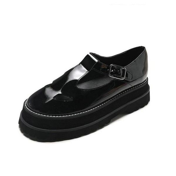 

vintage leather shoes female college wind mary jane single shoes thick bottom hollow patent leather platform female, Black