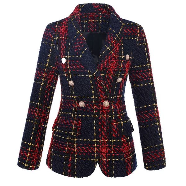 

high street blazer coat women new stylish double breasted lion metal buttons plaid tweed ladies wool blazer jacket female, White;black