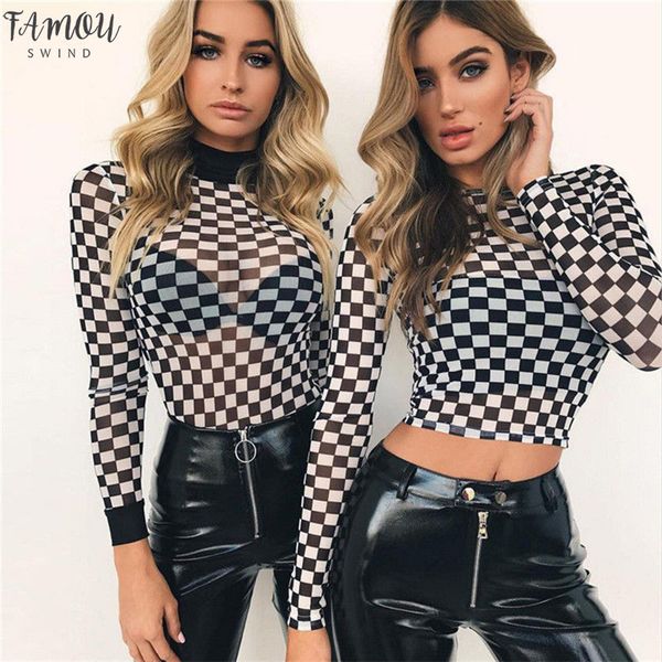 

fashion plaid see through blouse women long sleeve transparent womens and blouses mesh sheer shirt, White