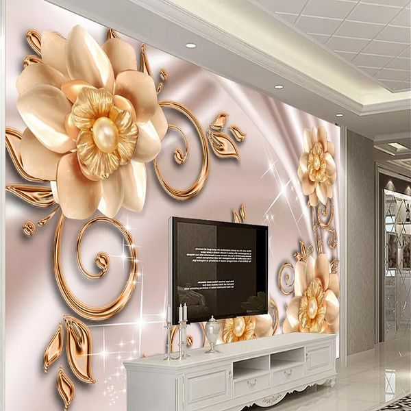 

custom large mural 3d wallpaper modern fashion creative luxury chinese style pearl jewelry golden flowers wall decor 5d embossed