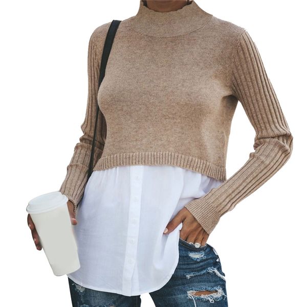 

newly women sweaters blouse splicing solid color round neck long sleeve button sweater casual loose shirt vk-ing, White;black