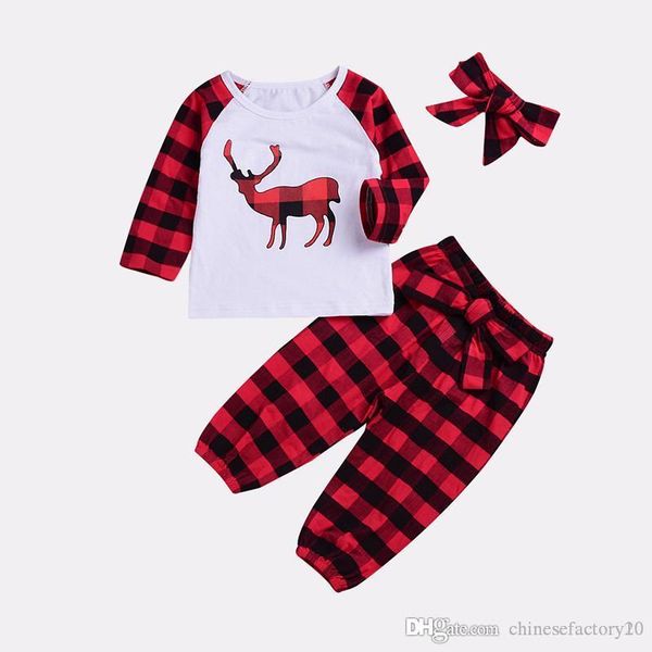 

baby girls christmas clothes set long sleeve elk shirt + grid pants + bow headbands 3 pcs xmas kid clothing, White