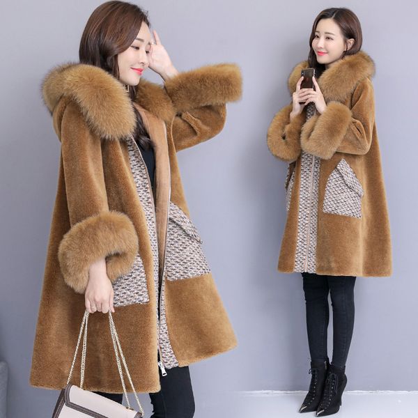 

sheep sheared coat female 2019 winter new long fur hooded slim fur coat, Black