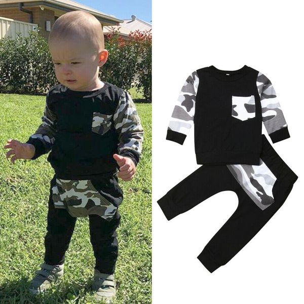 

cute 2019 brand autumn toddler kids boys clothes camouflage short sleeve t-shirt+long pants outfits set 9m-5y dropshipping, White