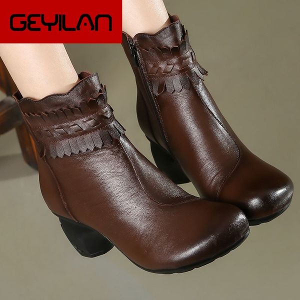 

winter booties women boots vintage genuine leather high heels shoes round toe shoes fashion ladies ankle boots for women, Black