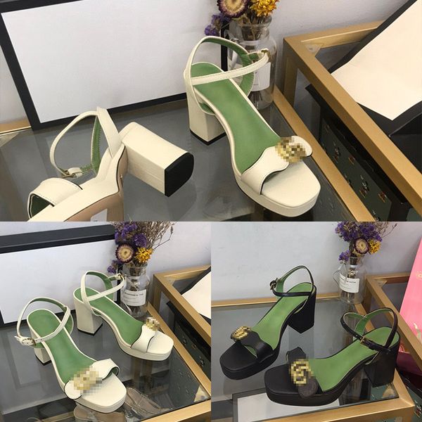 

designer womens sandals luxury black white green colorblock metal button thick heel high heels with box size 35-40