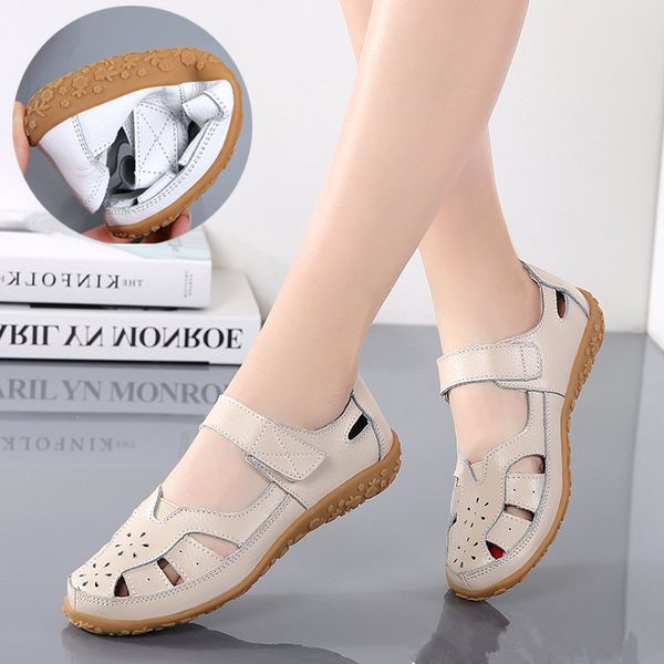 

sandals split leather big size eu42 female mom casual flat shoes woman summer cut-out sandalias mujer sh319, Black