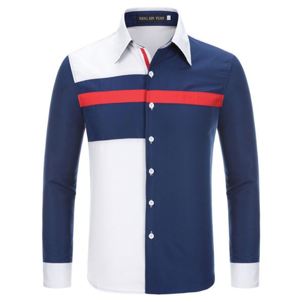 

spring mens patchwork shirts striped plaid single breasted male tees lapel neck casual contrast color homme, White;black