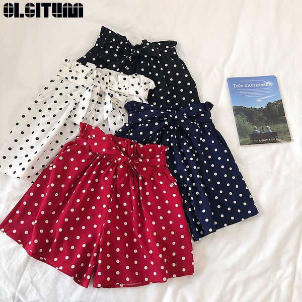 

fashion polka dot chiffon shorts women korean summer 2019 new high waist sweet bow tie elasticated wide-leg pt293, White;black