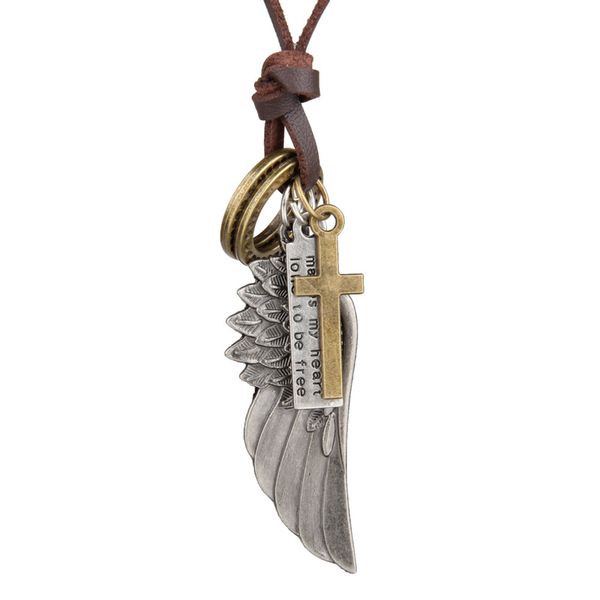 

feather angel wings necklace & pendants vintage brown leather neckless for women men jewelry boys necklace three style, Silver